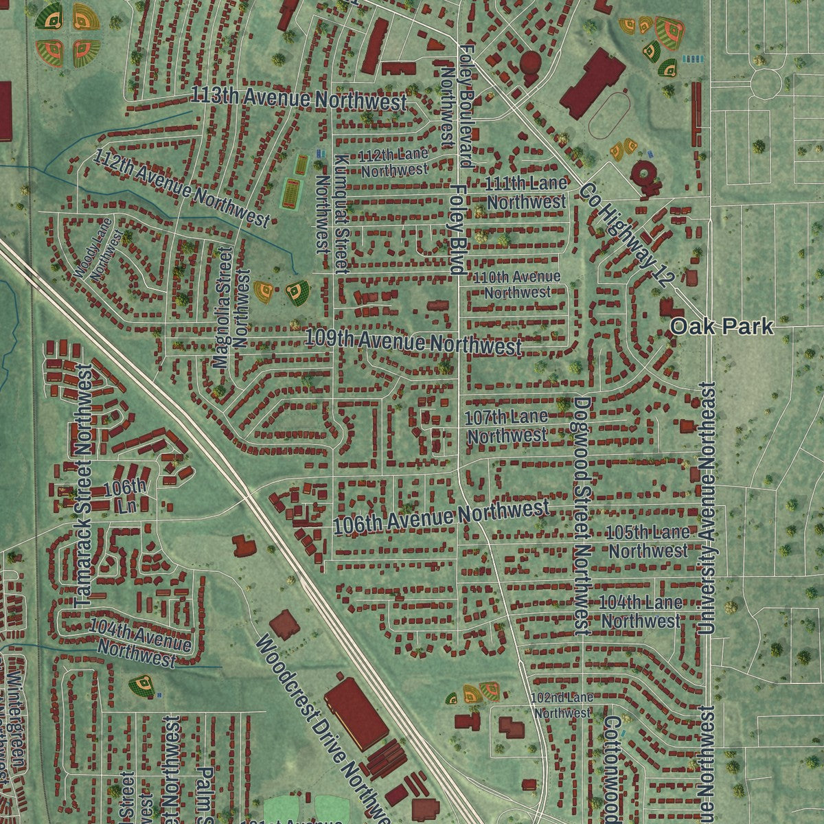 Second close-up of the map of Coon Rapids, Minnesota print showing more streets and buildings