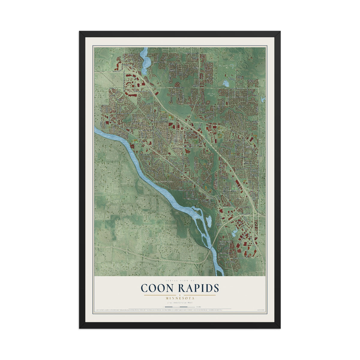 Map of Coon Rapids, Minnesota, 12 x 18 inch print in a black wood frame