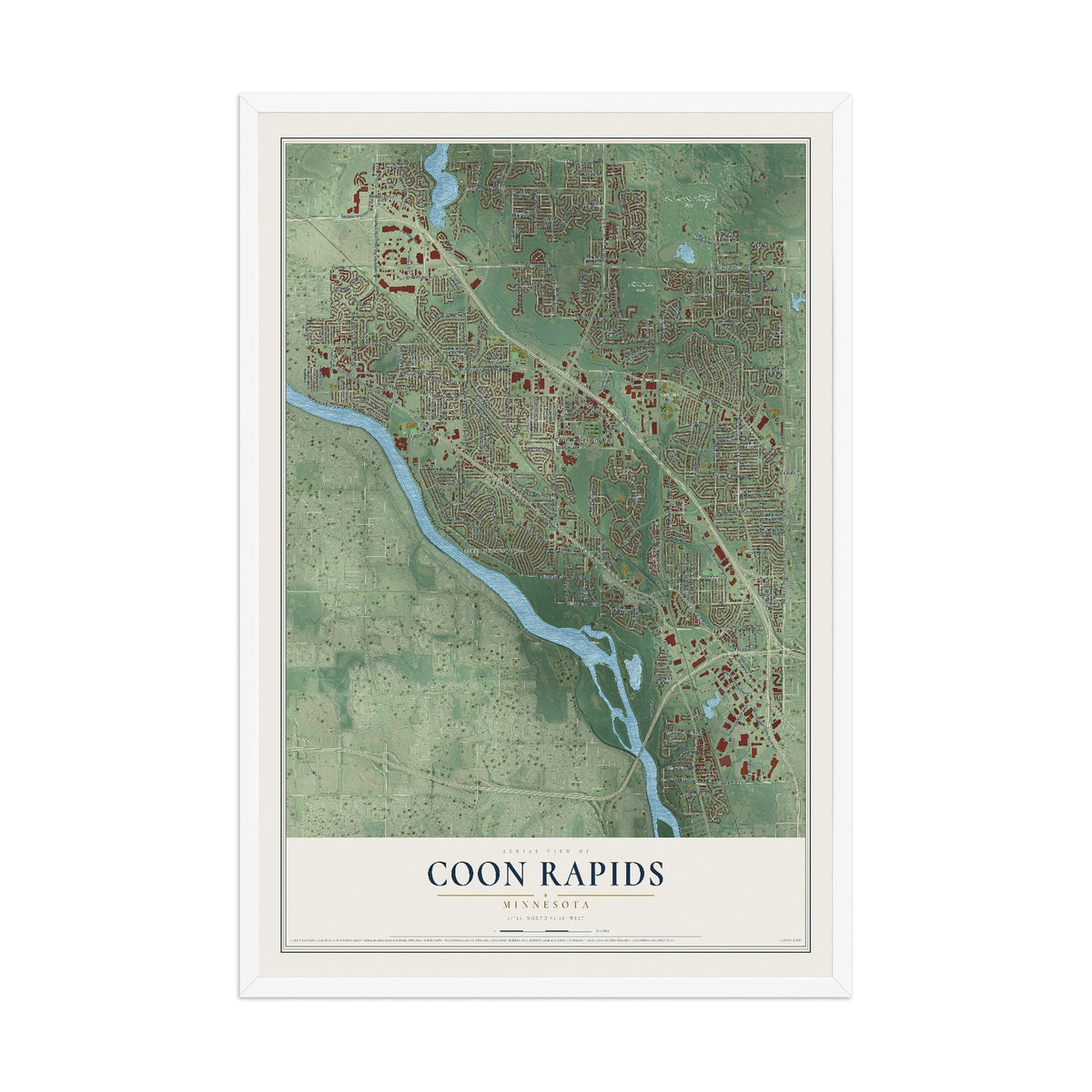 Map of Coon Rapids, Minnesota, 12 x 18 inch print in a white wood frame