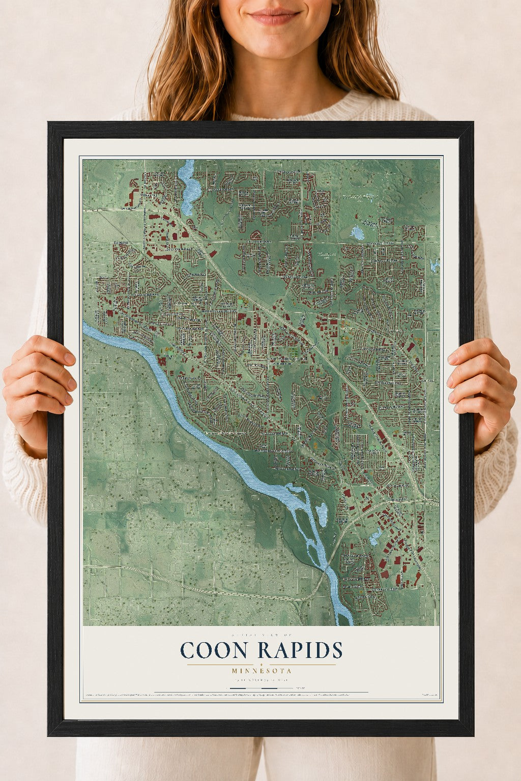 Map of Coon Rapids, Minnesota, 18 x 24 inch print in a black wood frame