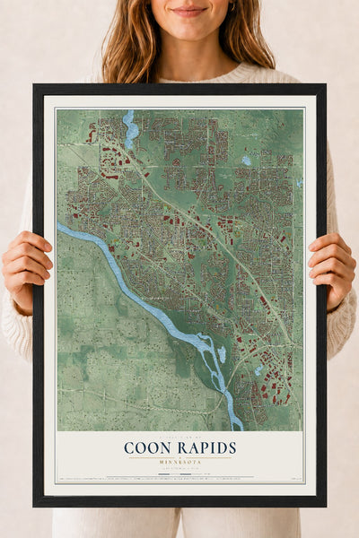 Map of Coon Rapids, Minnesota, 18 x 24 inch print in a black wood frame