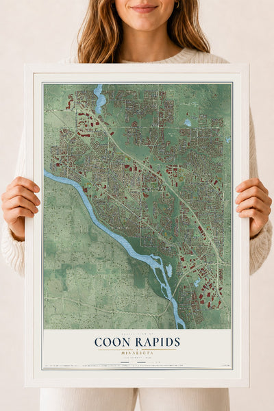 Map of Coon Rapids, Minnesota, 18 x 24 inch print in a white wood frame