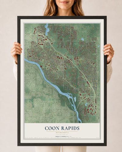 Map of Coon Rapids, Minnesota, 24 x 36 inch print in a black wood frame