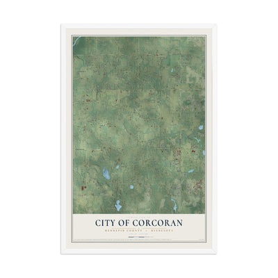 Map of Corcoran, Minnesota, 12 x 18 inch print in a white wood frame