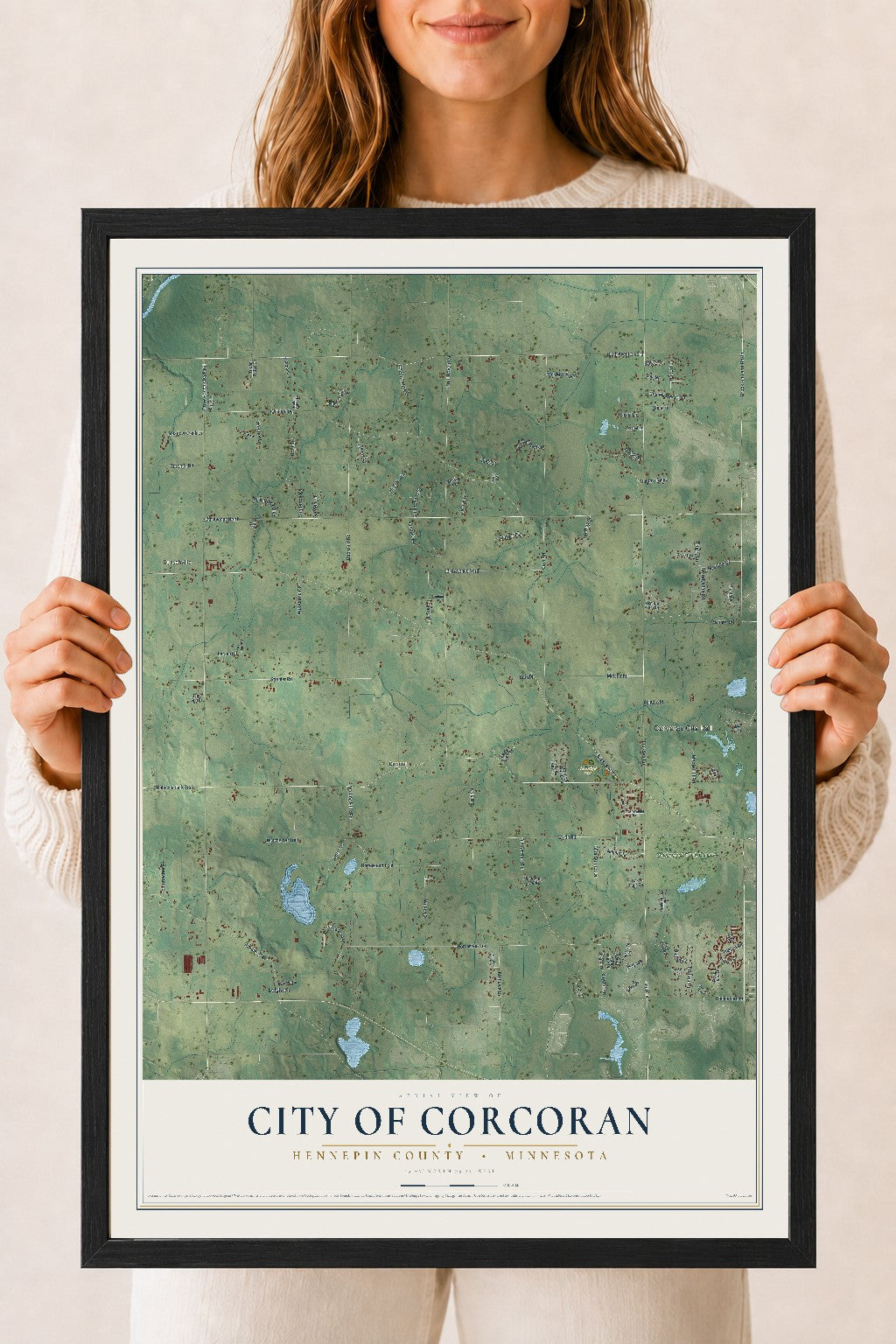 Map of Corcoran, Minnesota, 18 x 24 inch print in a black wood frame