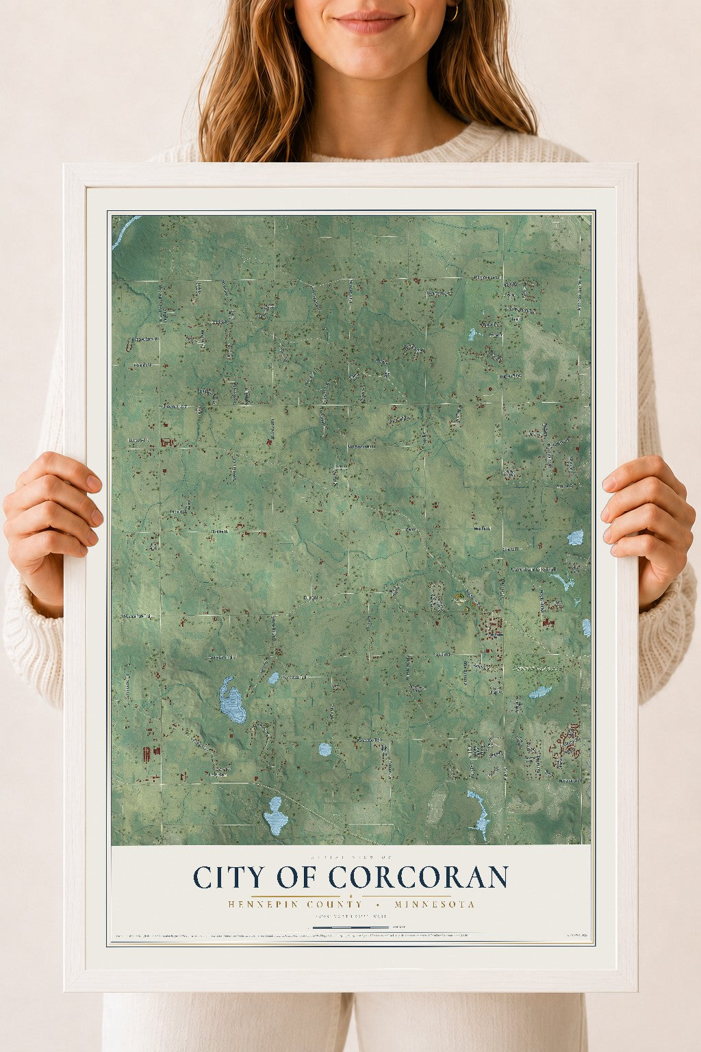 Map of Corcoran, Minnesota, 18 x 24 inch print in a white wood frame