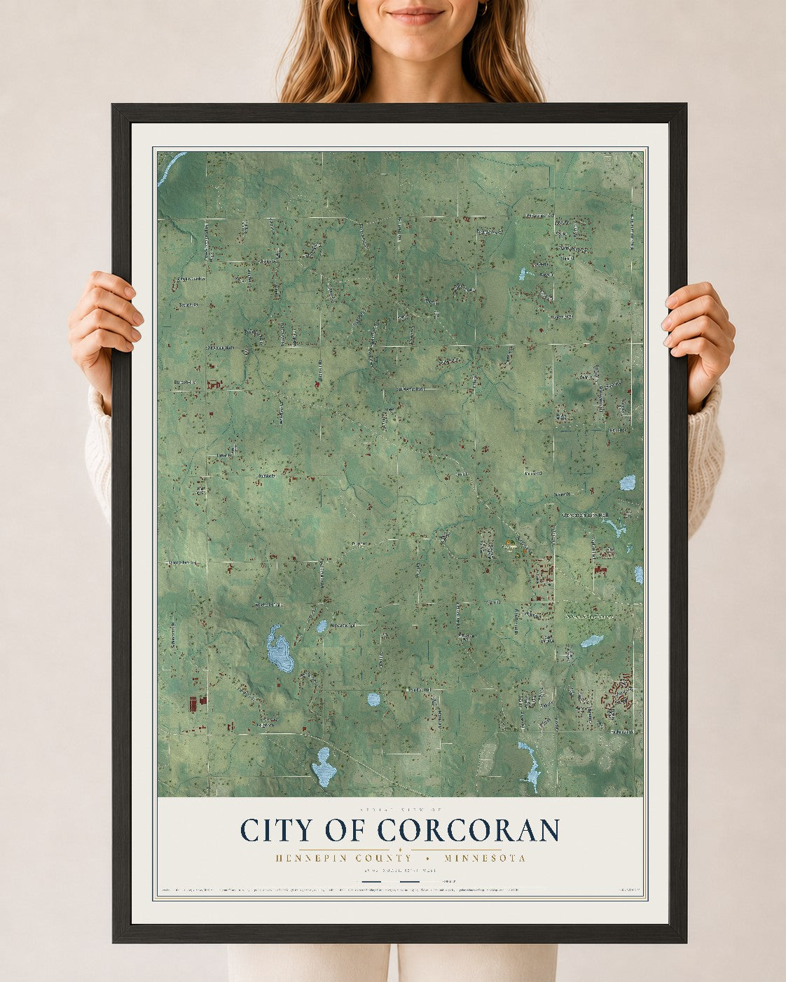 Map of Corcoran, Minnesota, 24 x 36 inch print in a black wood frame