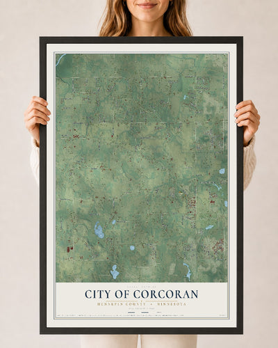 Map of Corcoran, Minnesota, 24 x 36 inch print in a black wood frame