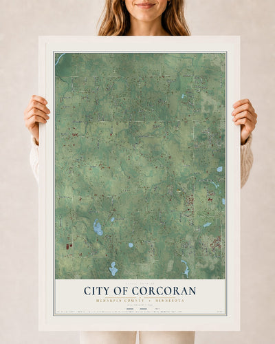 Map of Corcoran, Minnesota, 24 x 36 inch print in a white wood frame