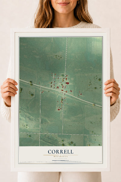 Map of Correll, Minnesota, 18 x 24 inch print in a white wood frame