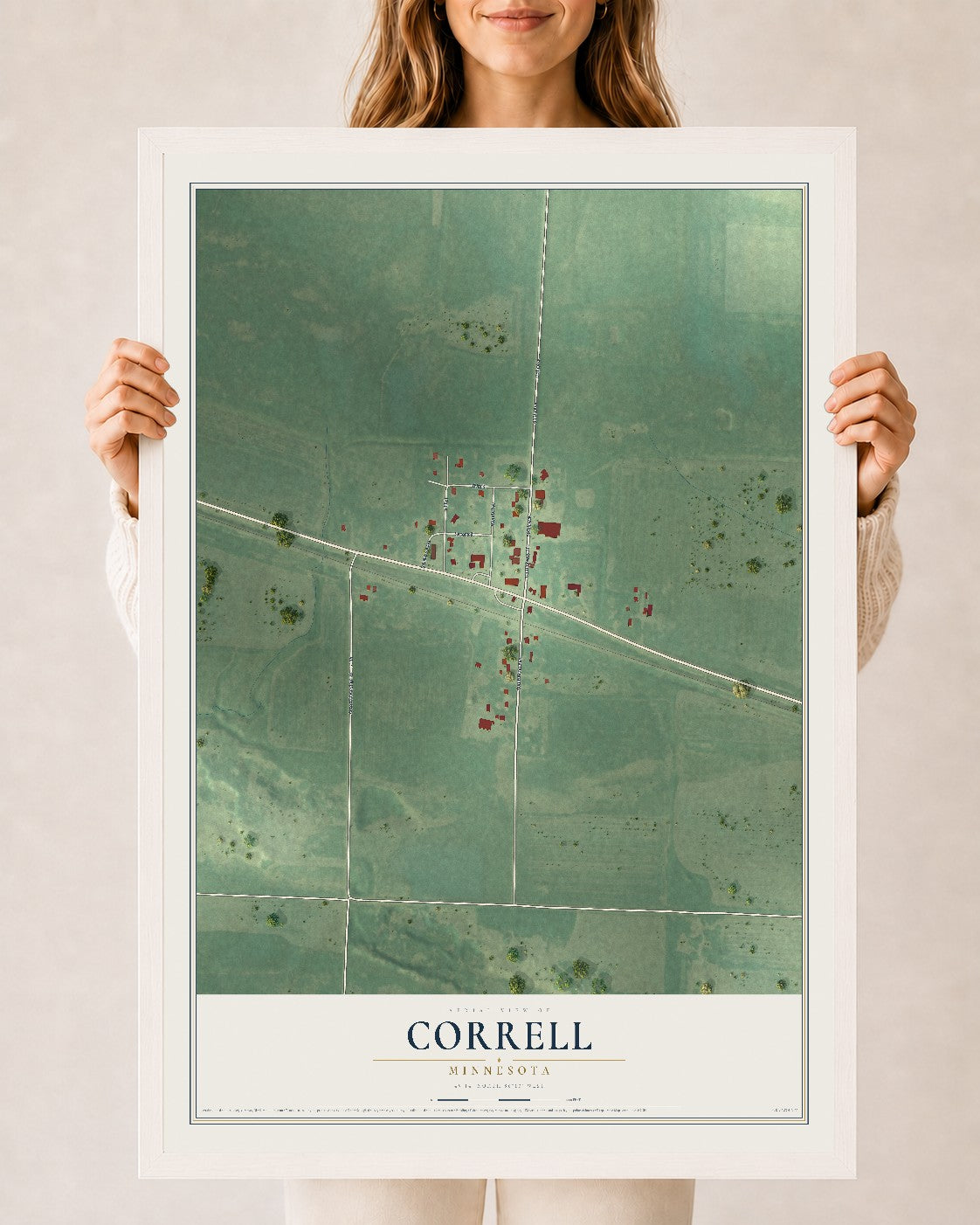 Map of Correll, Minnesota, 24 x 36 inch print in a white wood frame