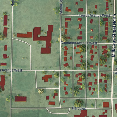 Close-up of the map of Cosmos, Minnesota print showing street and building detail