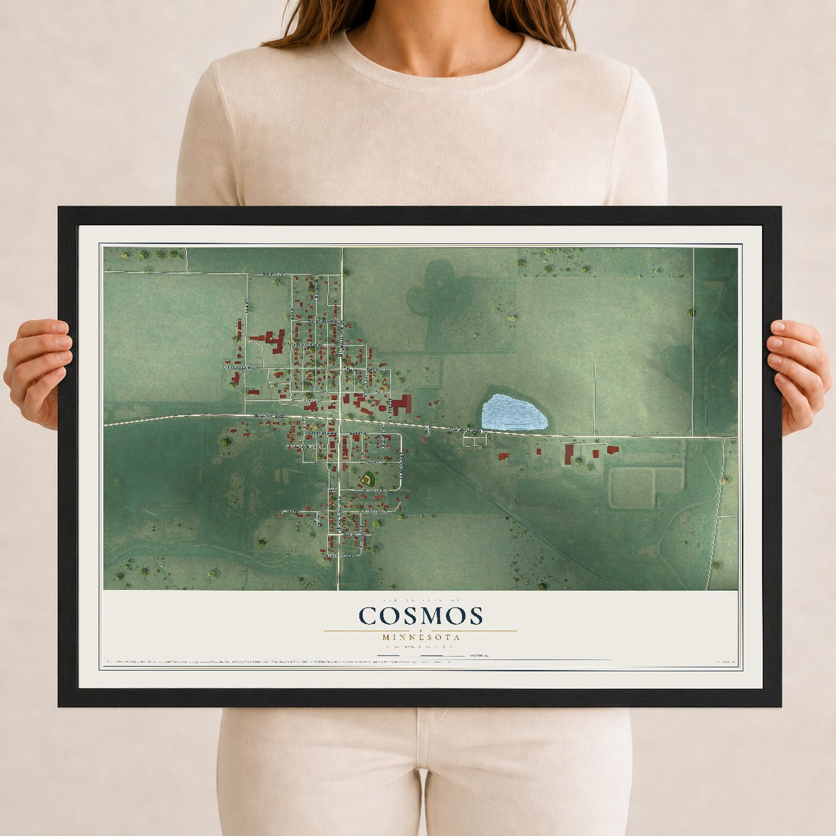 Map of Cosmos, Minnesota, 12 x 18 inch print in a black wood frame