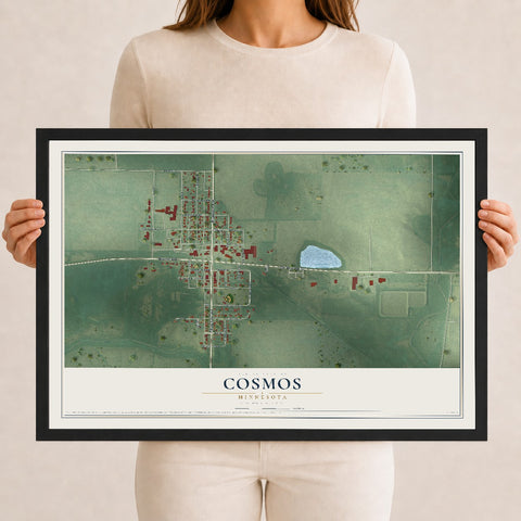 Map of Cosmos, Minnesota, 12 x 18 inch print in a black wood frame