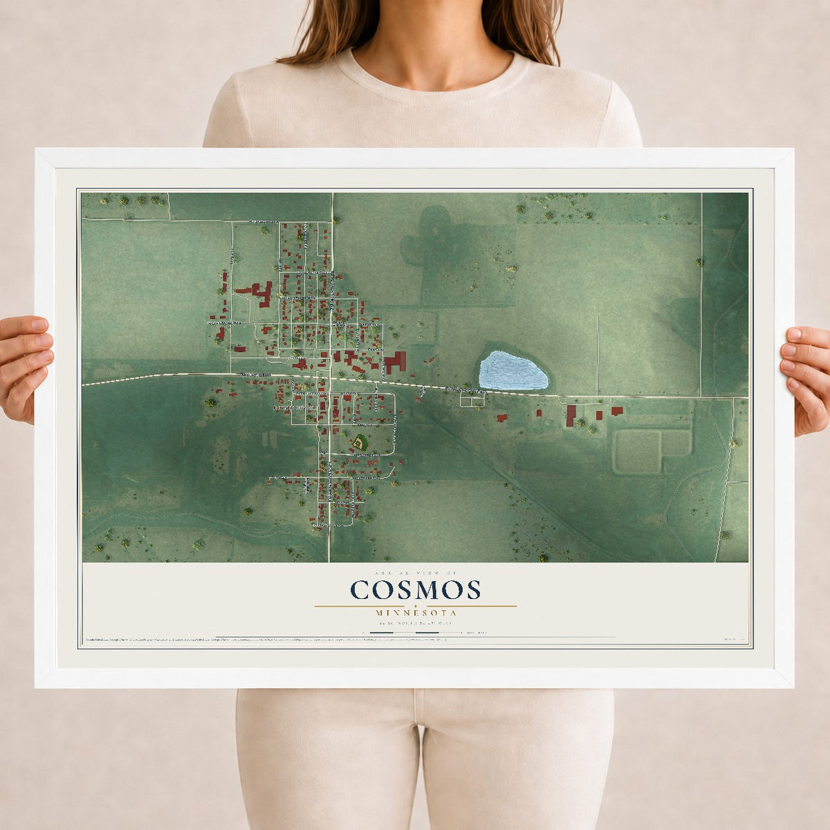 Map of Cosmos, Minnesota, 18 x 24 inch print in a white wood frame