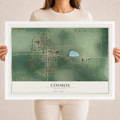 Map of Cosmos, Minnesota, 18 x 24 inch print in a white wood frame