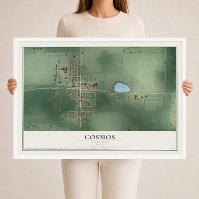 Map of Cosmos, Minnesota, 24 x 36 inch print in a white wood frame