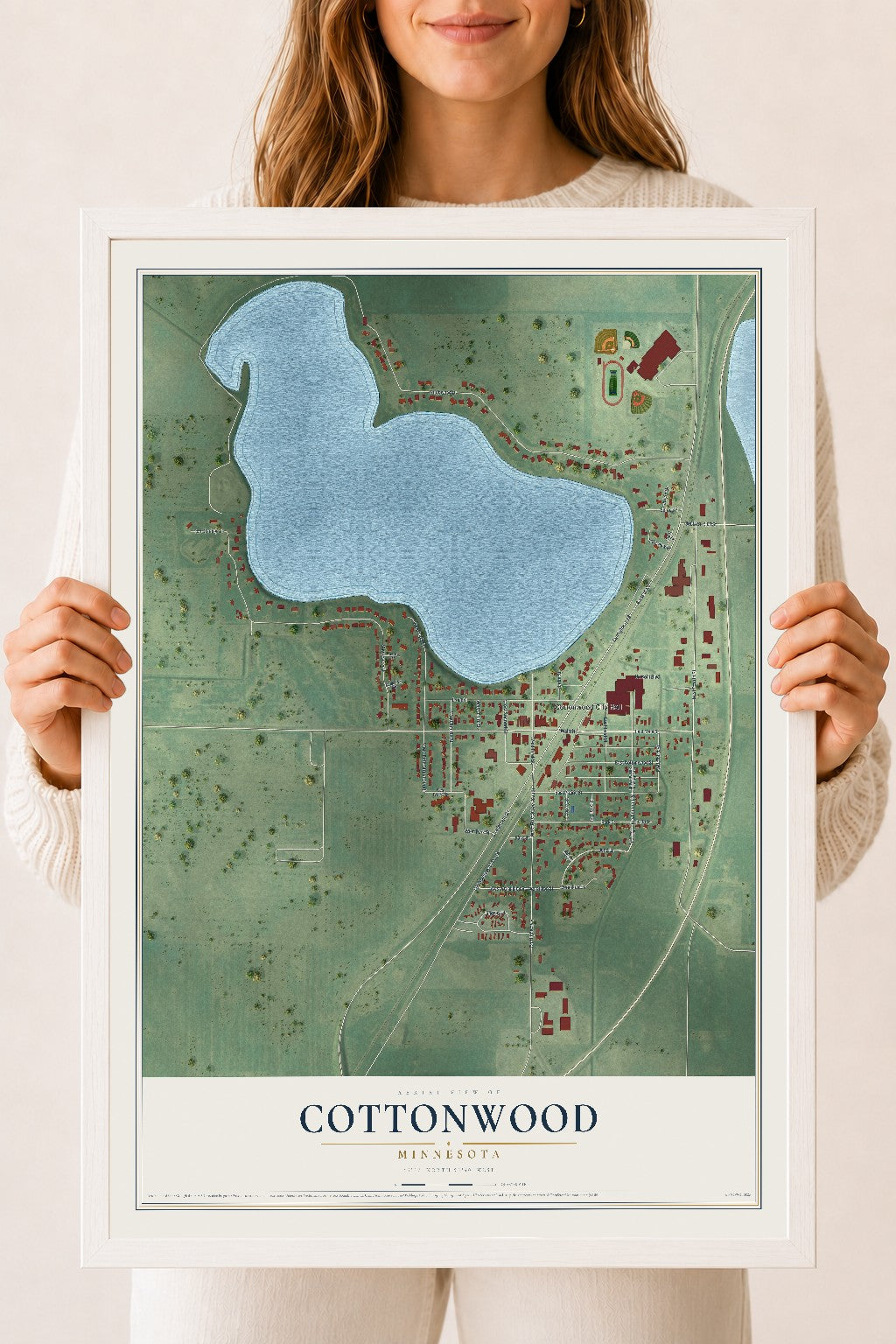 Map of Cottonwood, Minnesota, 18 x 24 inch print in a white wood frame