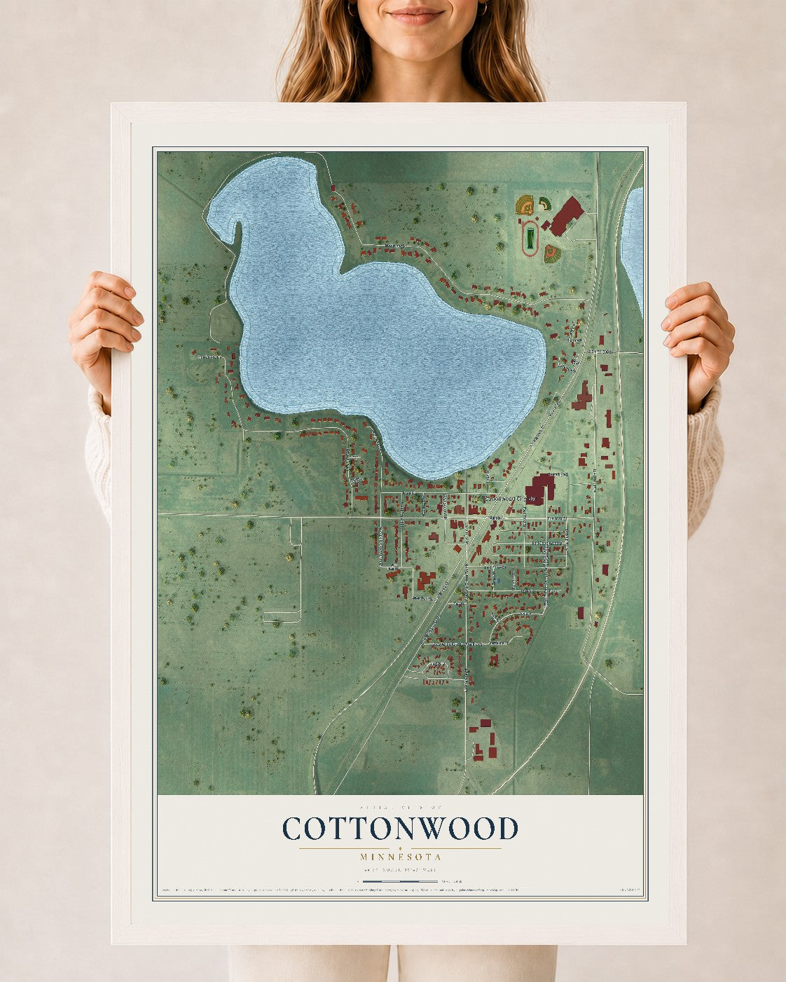 Map of Cottonwood, Minnesota, 24 x 36 inch print in a white wood frame