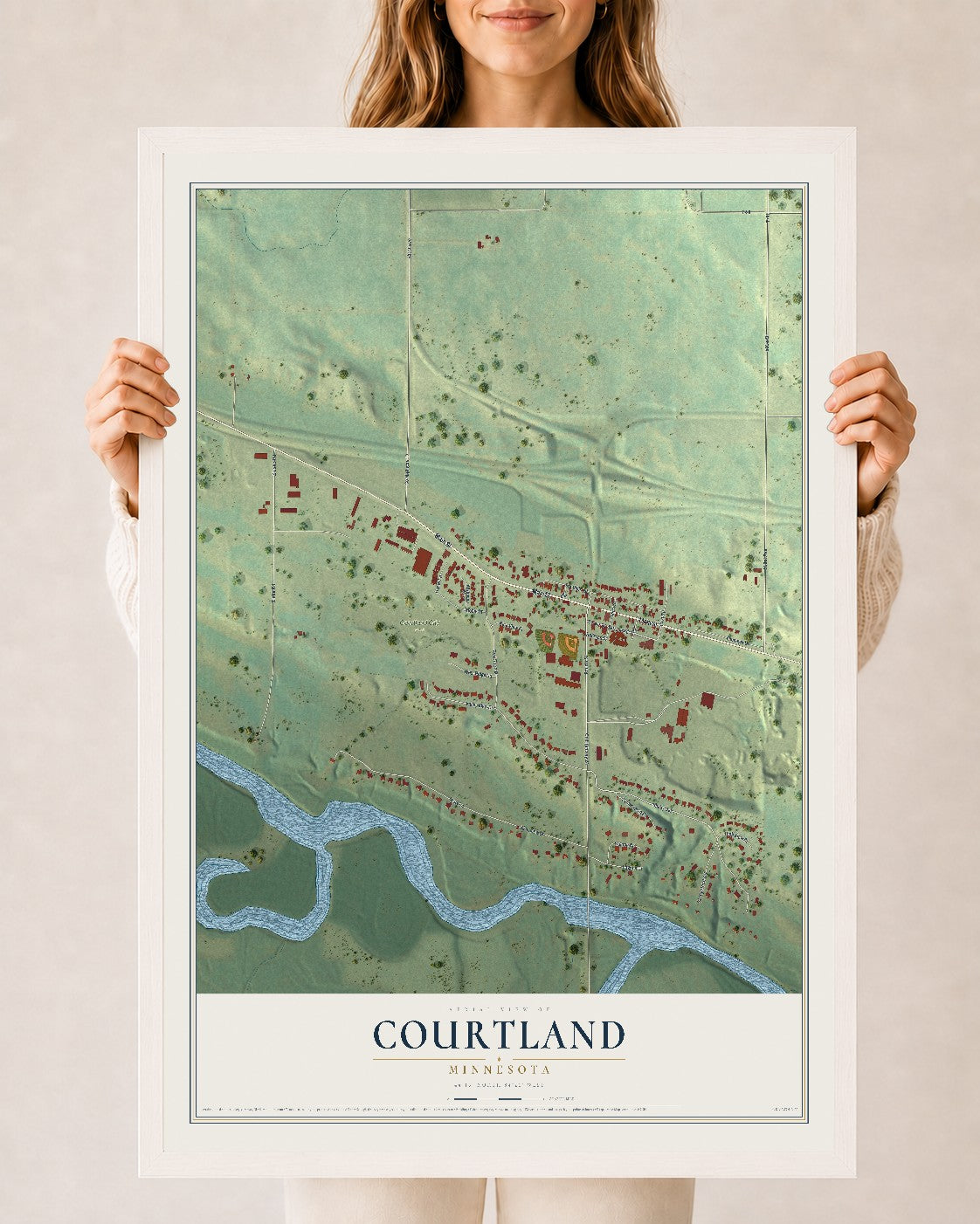 Map of Courtland, Minnesota, 24 x 36 inch print in a white wood frame