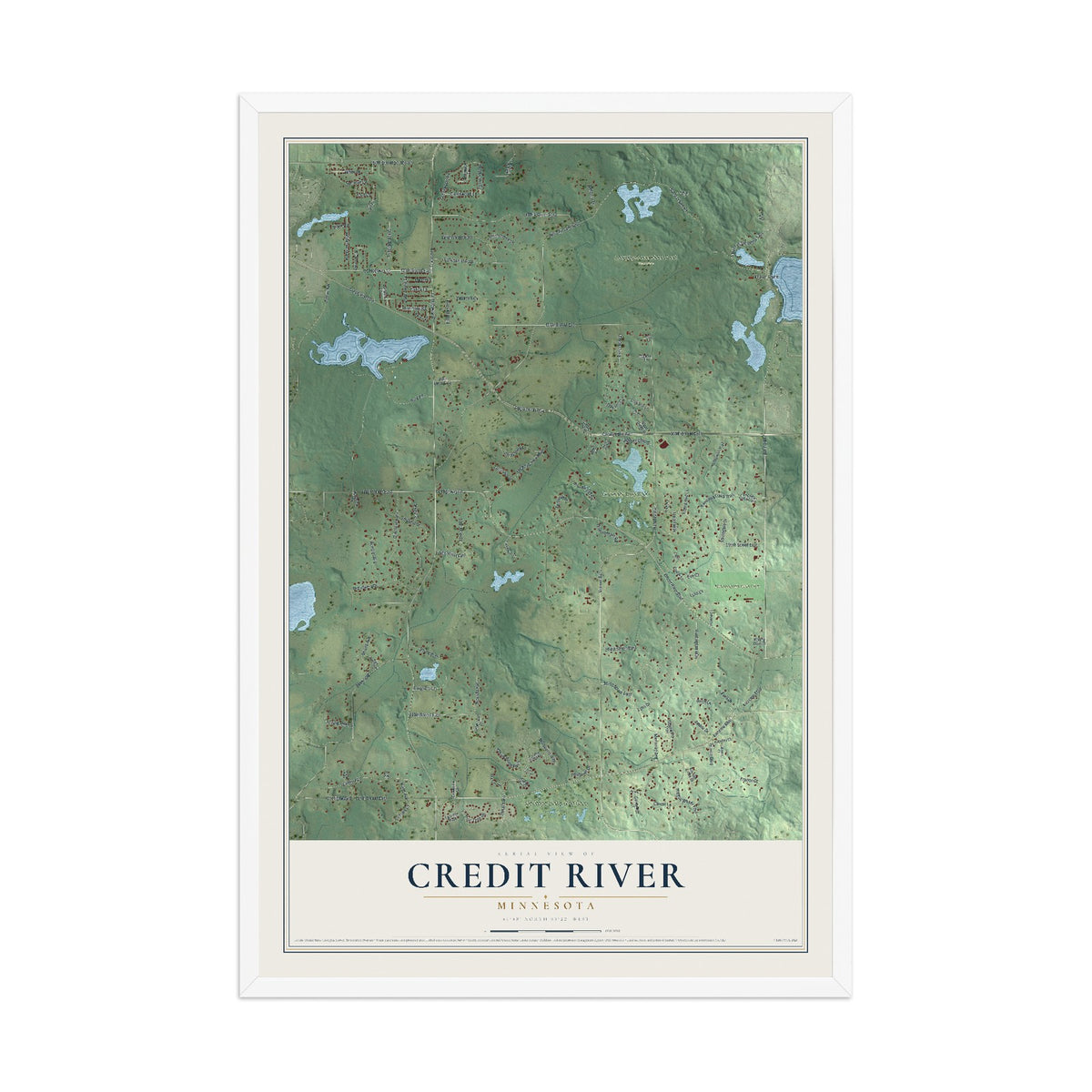 Map of Credit River, Minnesota, 12 x 18 inch print in a white wood frame