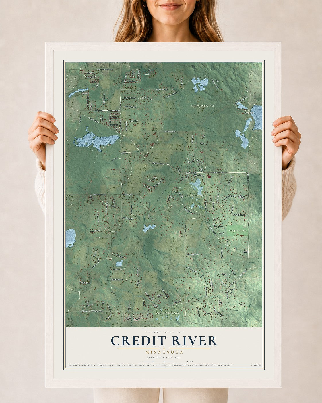Map of Credit River, Minnesota, 24 x 36 inch print in a white wood frame