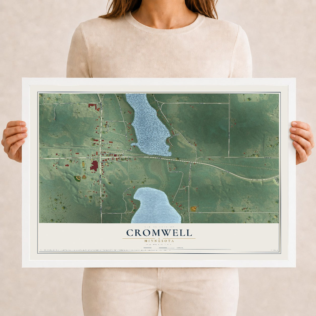 Map of Cromwell, Minnesota, 12 x 18 inch print in a white wood frame