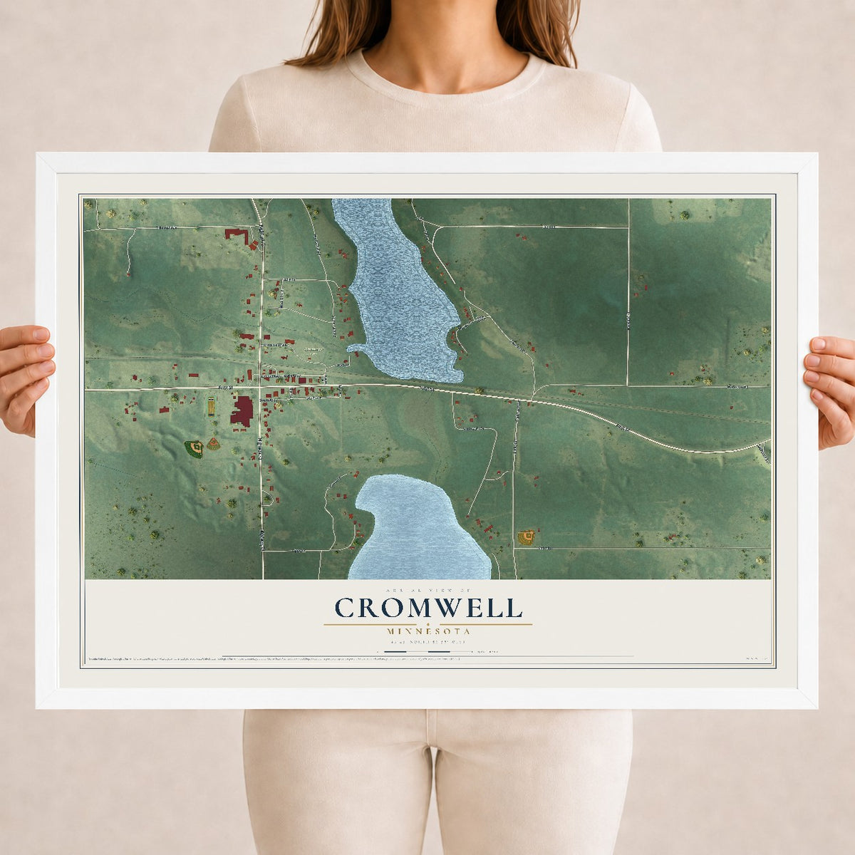 Map of Cromwell, Minnesota, 18 x 24 inch print in a white wood frame