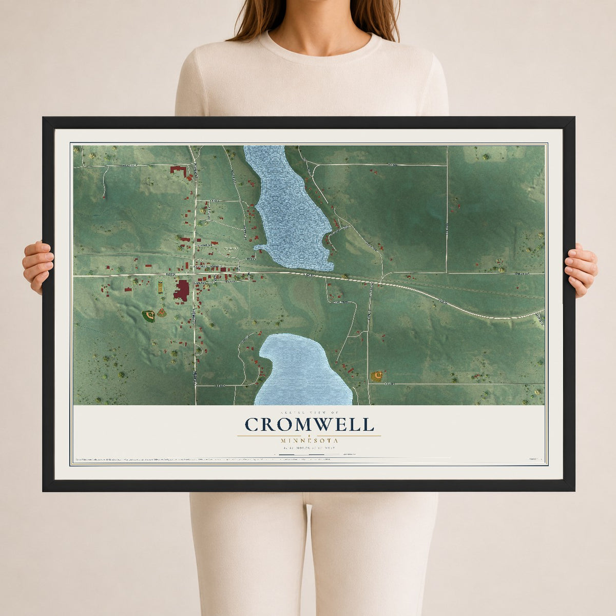 Map of Cromwell, Minnesota, 24 x 36 inch print in a black wood frame
