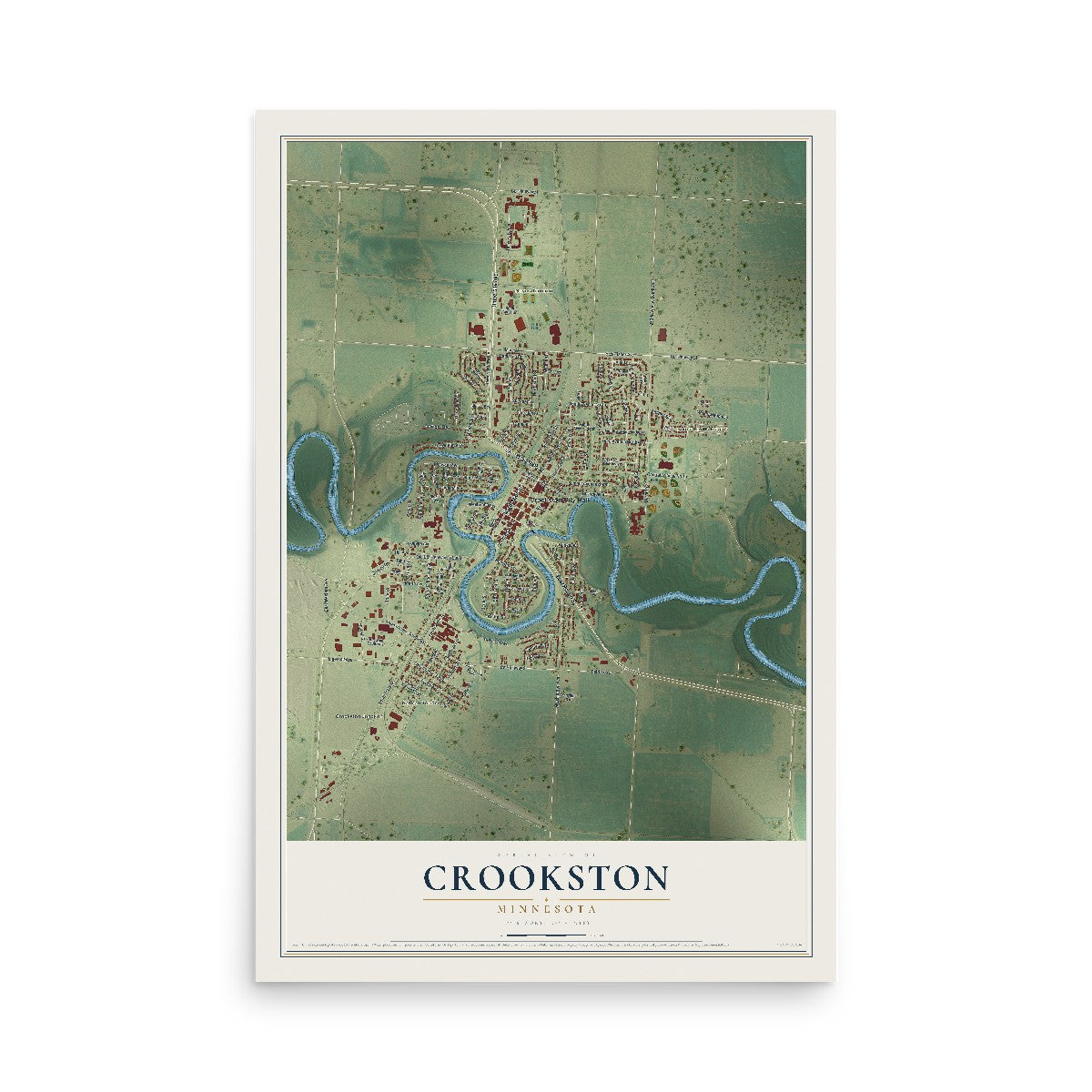 Map of Crookston, Minnesota, 12 x 18 inch unframed archival matte print
