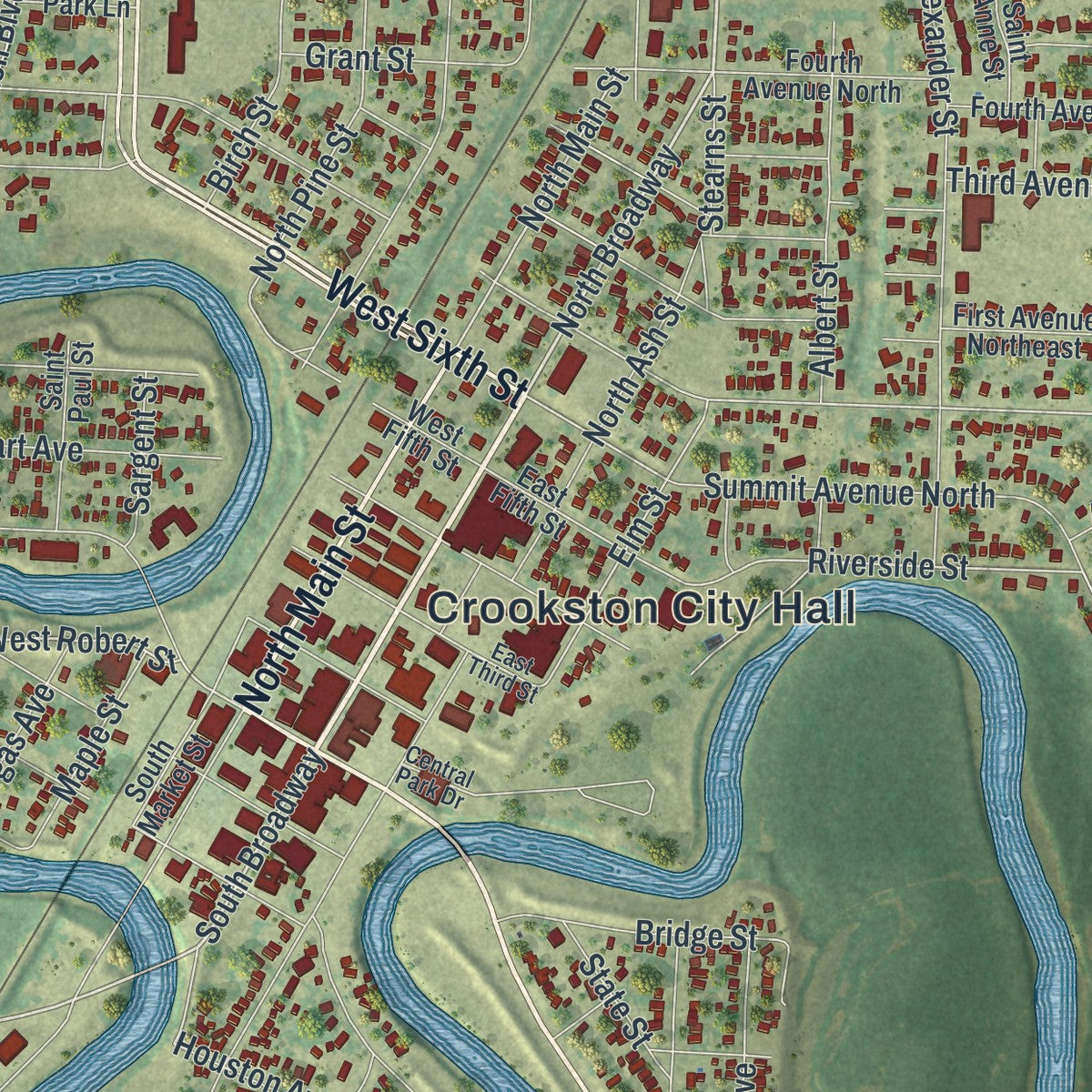 Close-up of the map of Crookston, Minnesota print showing street and building detail