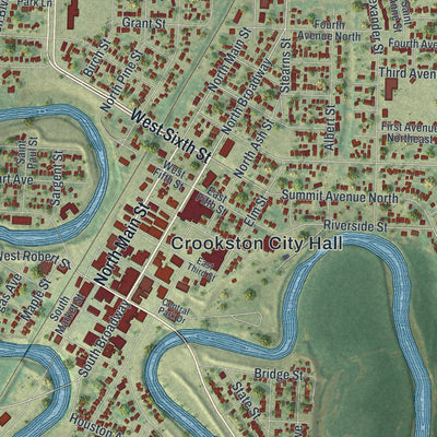 Close-up of the map of Crookston, Minnesota print showing street and building detail