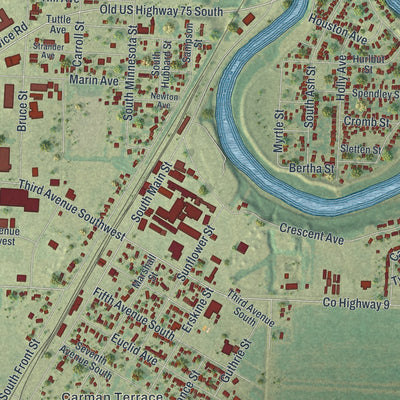 Second close-up of the map of Crookston, Minnesota print showing more streets and buildings