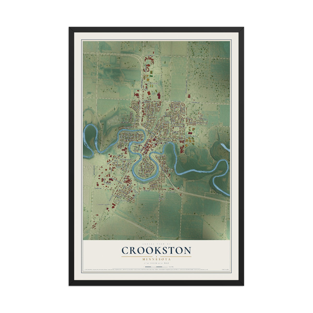Map of Crookston, Minnesota, 12 x 18 inch print in a black wood frame