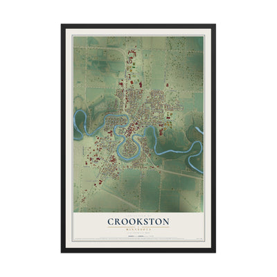 Map of Crookston, Minnesota, 12 x 18 inch print in a black wood frame