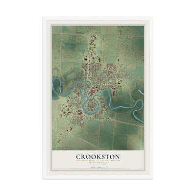 Map of Crookston, Minnesota, 12 x 18 inch print in a white wood frame