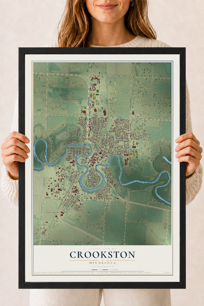 Map of Crookston, Minnesota, 18 x 24 inch print in a black wood frame
