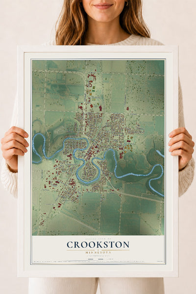 Map of Crookston, Minnesota, 18 x 24 inch print in a white wood frame