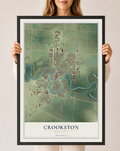 Map of Crookston, Minnesota, 24 x 36 inch print in a black wood frame