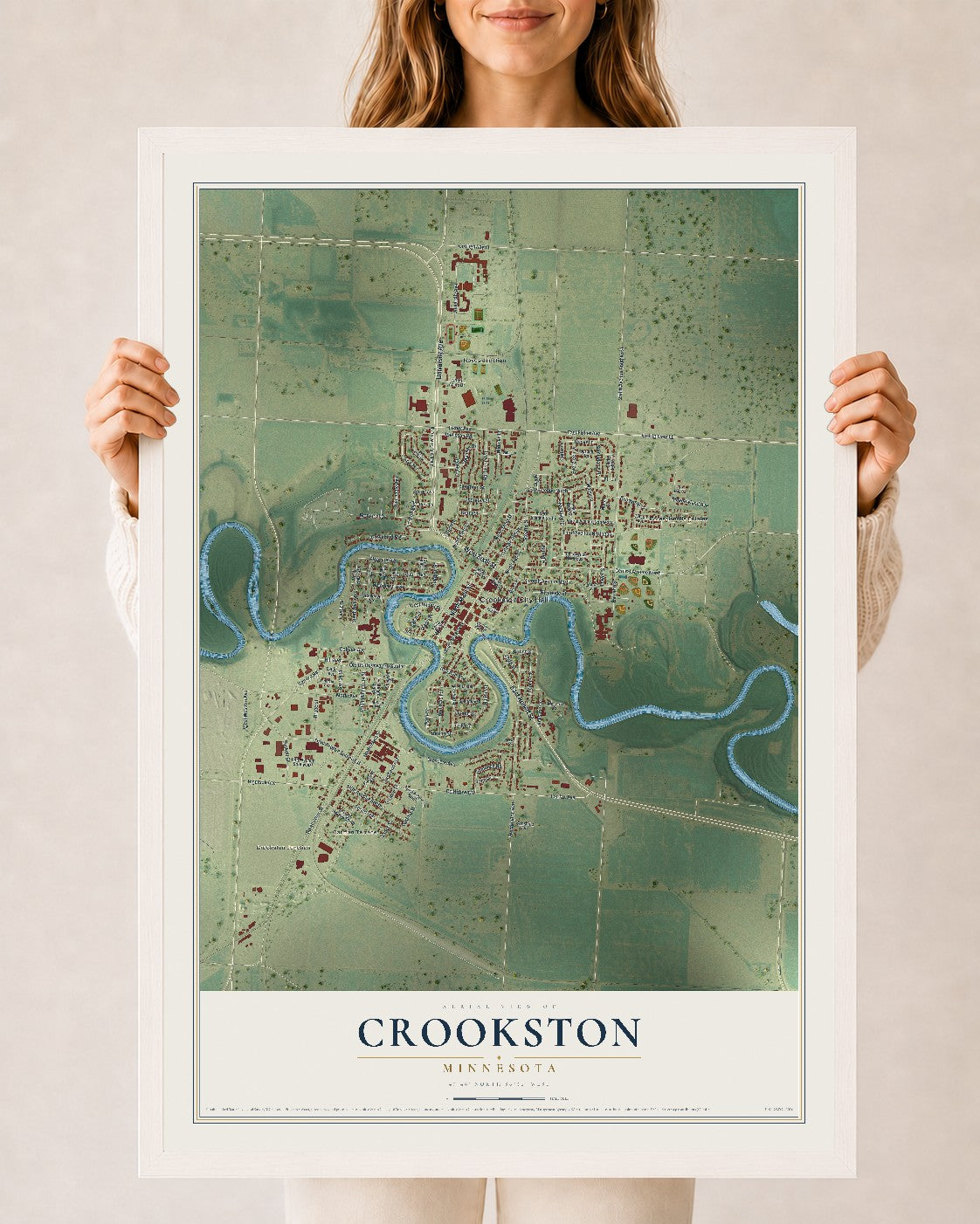 Map of Crookston, Minnesota, 24 x 36 inch print in a white wood frame