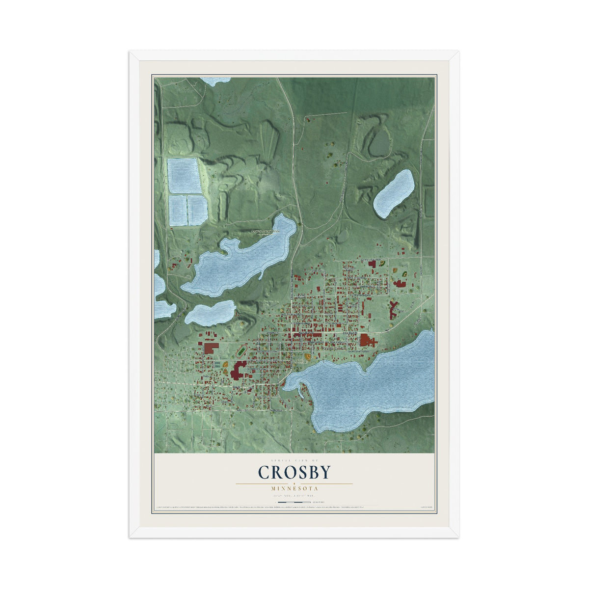 Map of Crosby, Minnesota, 12 x 18 inch print in a white wood frame