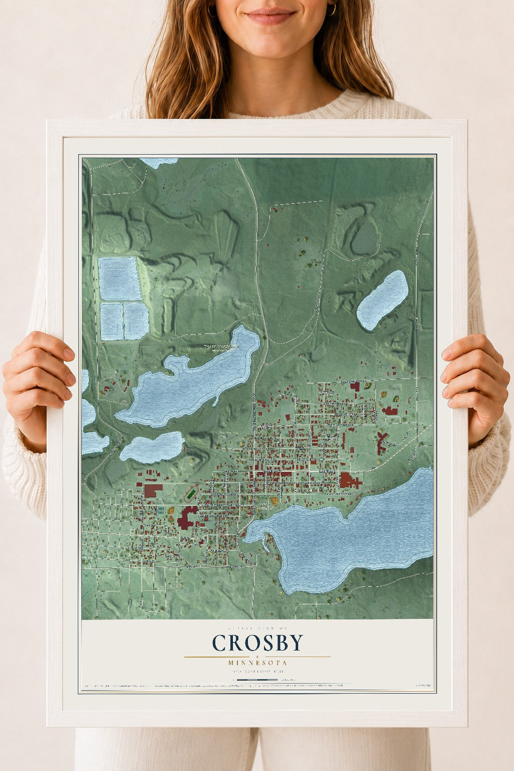 Map of Crosby, Minnesota, 18 x 24 inch print in a white wood frame