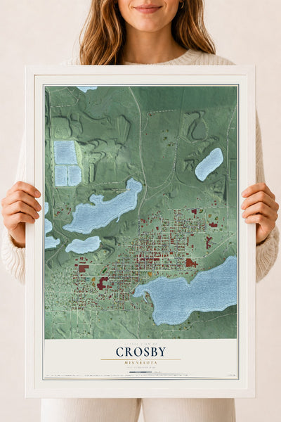 Map of Crosby, Minnesota, 18 x 24 inch print in a white wood frame