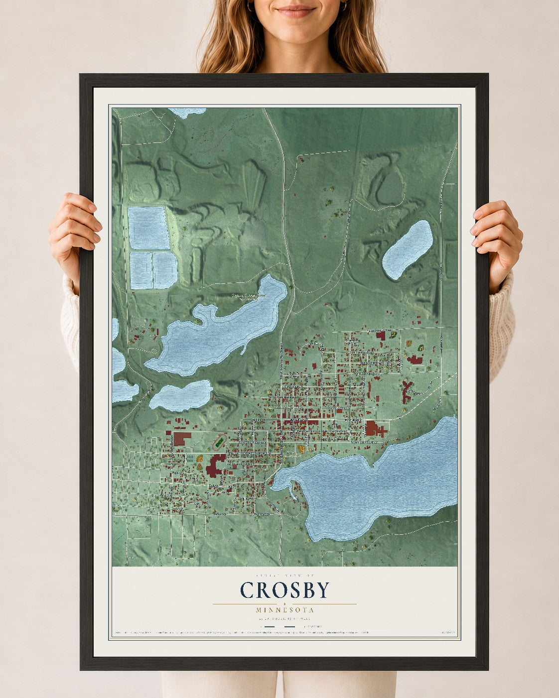 Map of Crosby, Minnesota, 24 x 36 inch print in a black wood frame