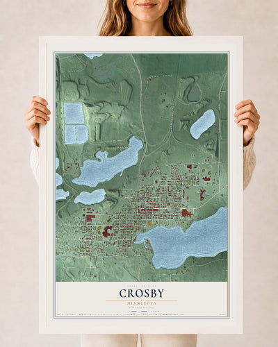 Map of Crosby, Minnesota, 24 x 36 inch print in a white wood frame