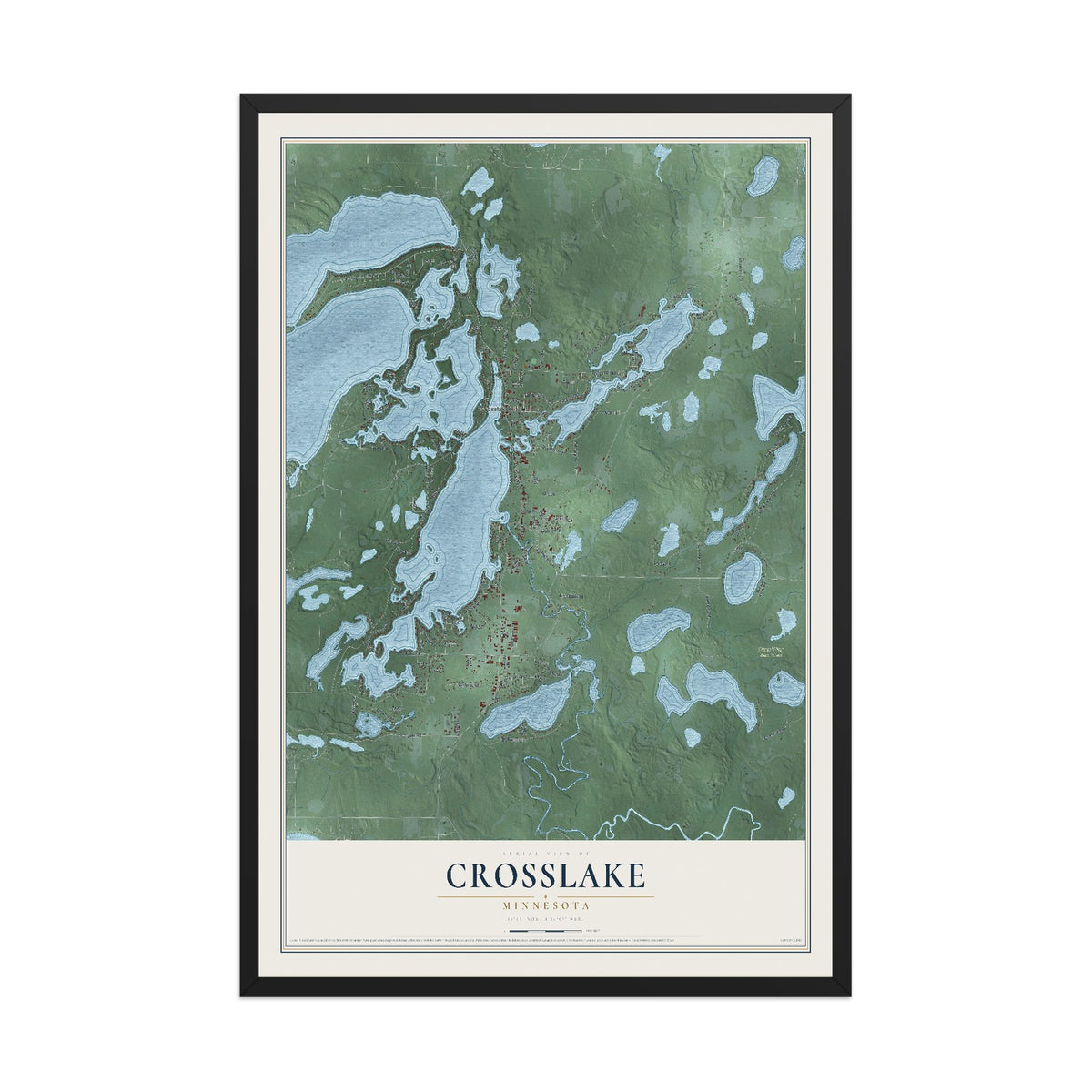 Map of Crosslake, Minnesota, 12 x 18 inch print in a black wood frame