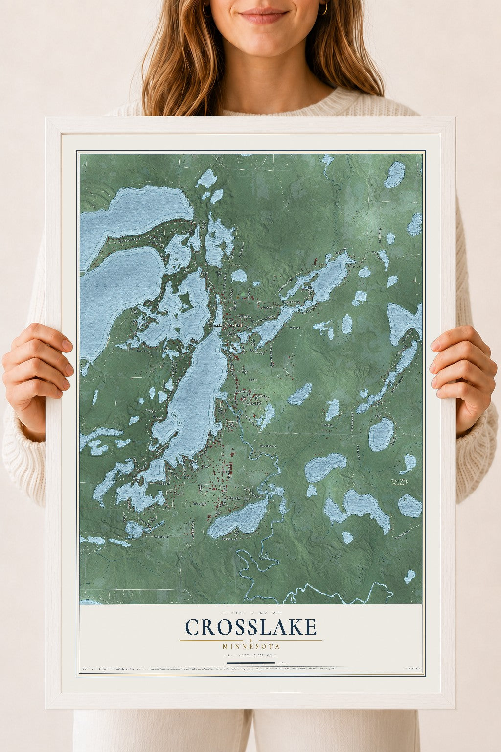 Map of Crosslake, Minnesota, 18 x 24 inch print in a white wood frame