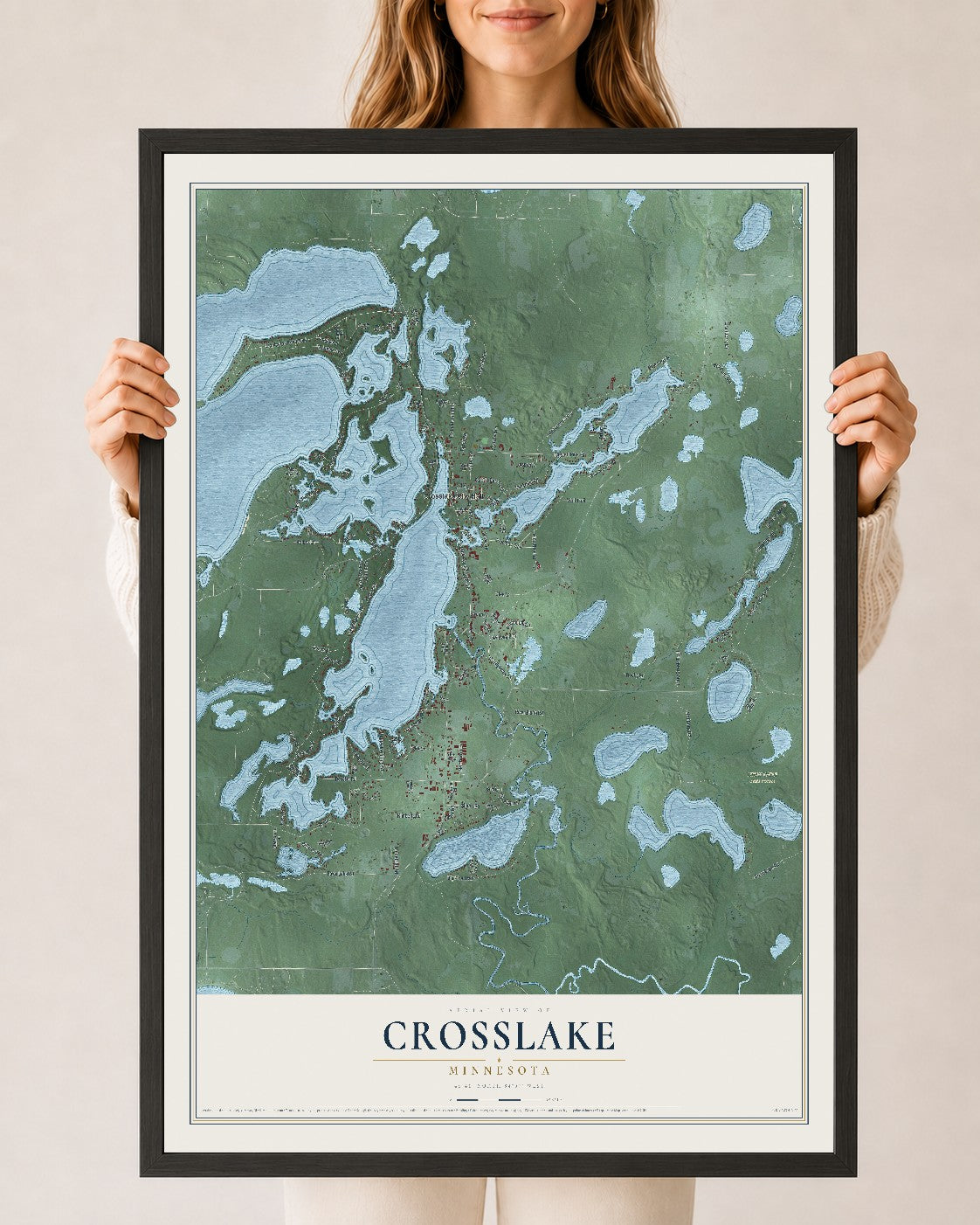 Map of Crosslake, Minnesota, 24 x 36 inch print in a black wood frame