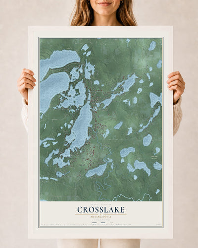 Map of Crosslake, Minnesota, 24 x 36 inch print in a white wood frame