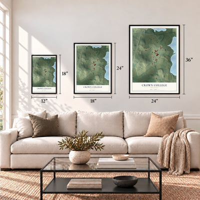 Crown College, Minnesota map in 12 x 18, 18 x 24 and 24 x 36 inch sizes above a sofa
